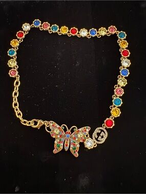 New Gucci butterfly  Gold tone Necklace with Multicolor Crystal Accents